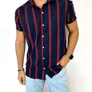 Casual Blue and Red Striped Button Down Shirt